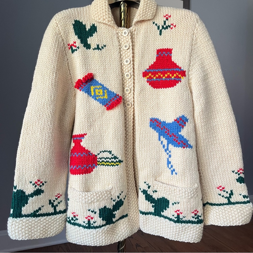 Vintage 40s 50s Mary Maxim Mexicana Cowichan Western Hand Knit Mexican cardigan